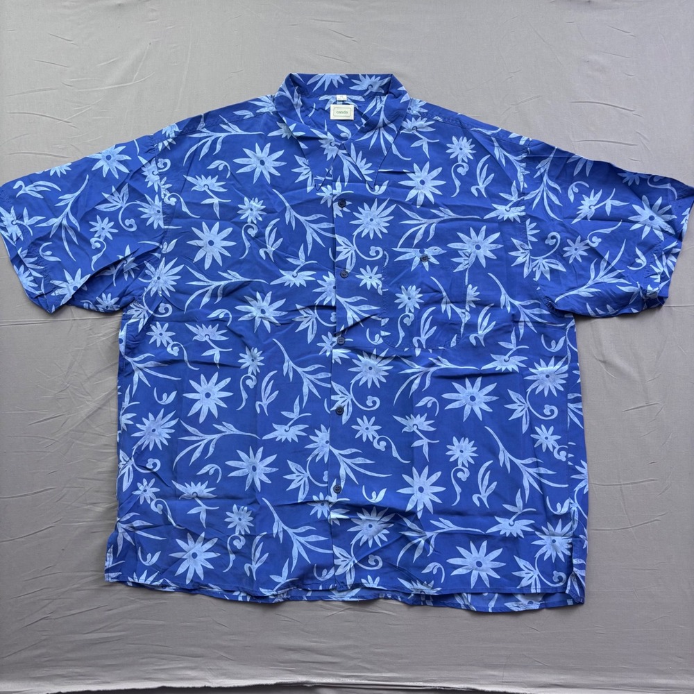 Canda 100% Silk Blue Floral Hawaiian Camp Shirt Mens XXL Short‎ Sleeve Button Up